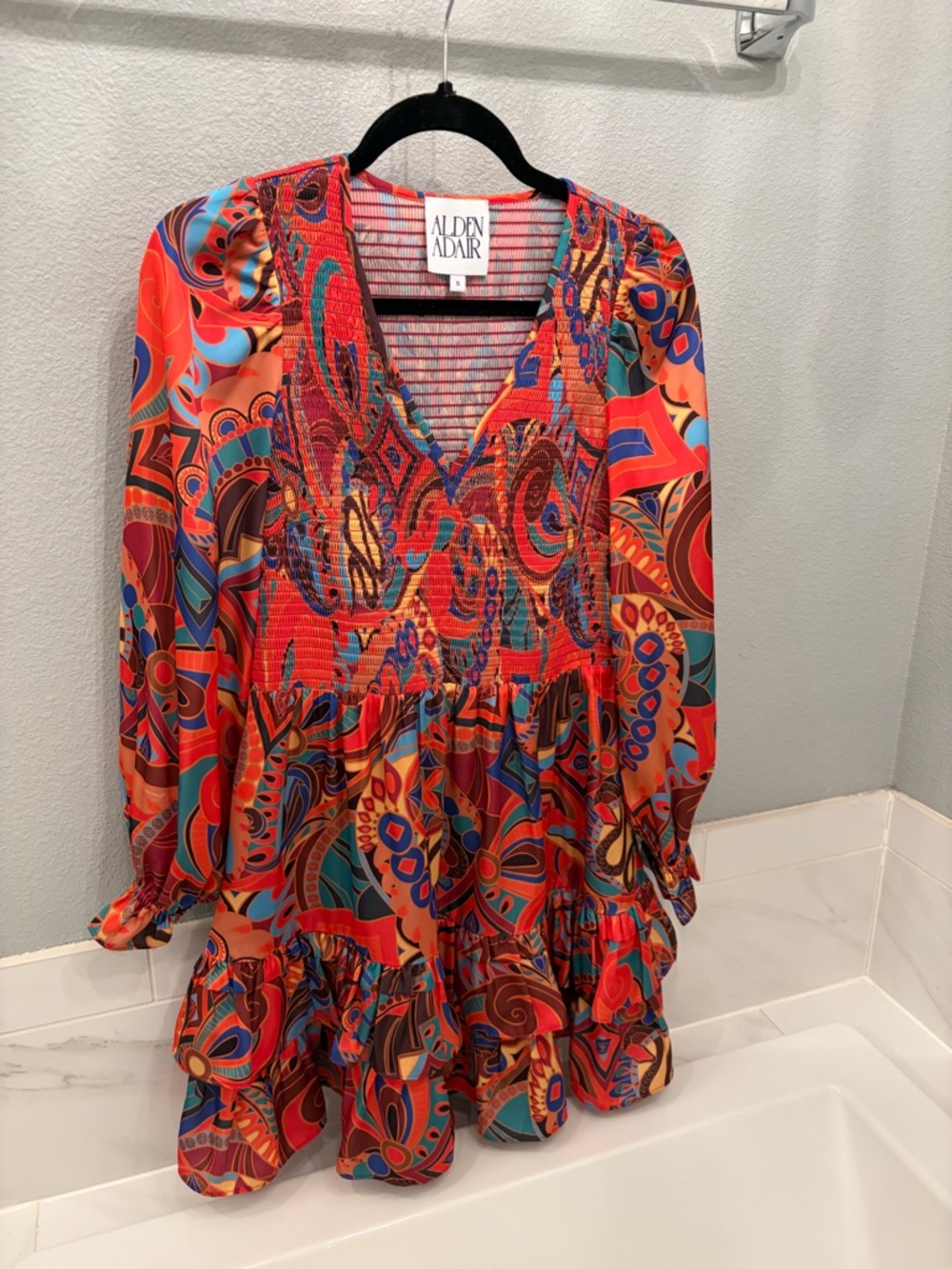 Alden Adair Red Multi Paisley V-Neck Smocked Tiered Dress